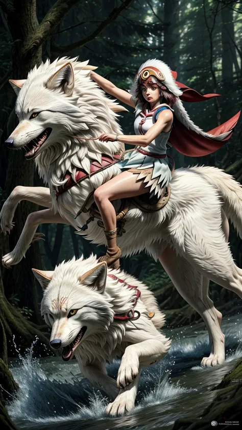 official art, unity 8k wallpaper, Super detailed, beautiful, beautiful, masterpiece, highest quality, Painting of a woman riding a white wolf in the forest, studio ghibly style mononoke, riding a giant silver wolf, artwork in the style of Gweiz, princess m...