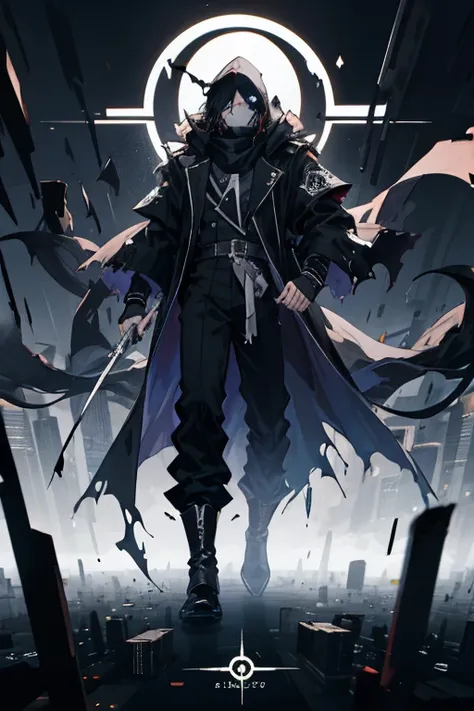 ((best quality)), ((masterpiece)), (detailed), 1 boy, full body, 23 years old, young adult, black scarf, bandage covering his mouth, eyes glowing white, 1 scratch on his right eye, pointy hood, black skin, disheveled hair, torn black coat covering everythi...