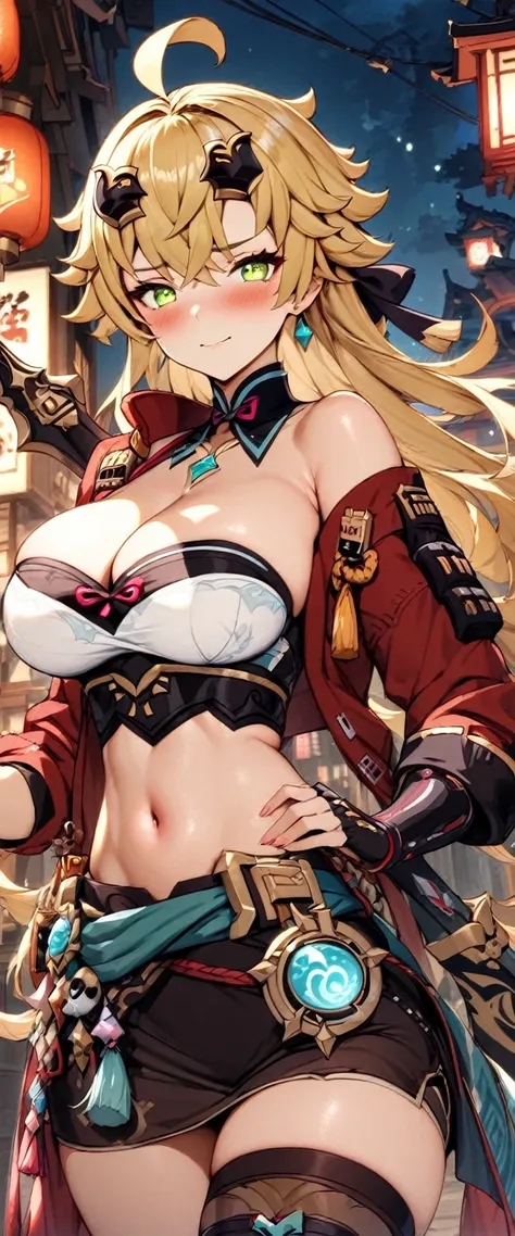 (masterpiece), best quality, expressive eyes, perfect face,1girl,thoma (genshin impact), genshin impact,izakaya,[[cross spear]],holding,holding weapon,shy smile,blush,cowboy shot,glowing eyes,big breasts,cleavage,navel,skirt,red jewellery,long hair,straple...