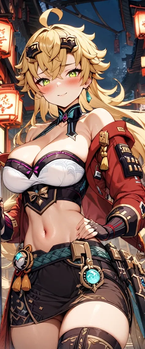 (masterpiece), best quality, expressive eyes, perfect face,1girl,thoma (genshin impact), genshin impact,izakaya,[[cross spear]],holding,holding weapon,shy smile,blush,cowboy shot,glowing eyes,big breasts,cleavage,navel,skirt,red jewellery,long hair,straple...