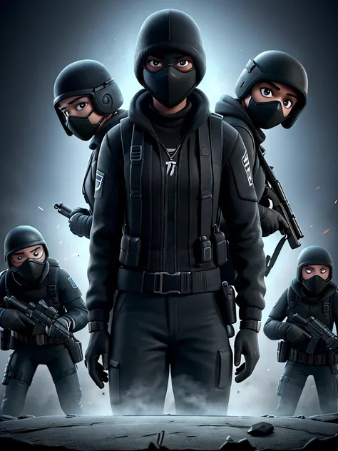 A movie poster about the film "rainbow six siege". It should have some people with guns on the cover on person with night vision Googles and one person whos is dressed all black with a black mask who is rival with the other guy.