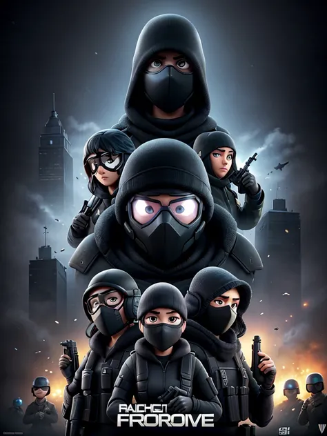 A movie poster about the film "rainbow six siege". It should have some people with guns on the cover on person with night vision Googles and one person whos is dressed all black with a black mask who is rival with the other guy.