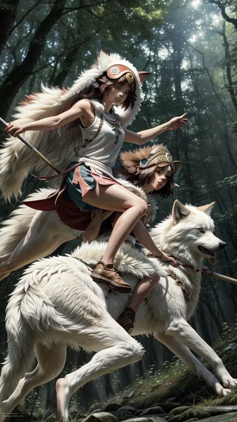 official art, unity 8k wallpaper, Super detailed, beautiful, beautiful, masterpiece, highest quality, Painting of a woman riding a white wolf in the forest, studio ghibly style mononoke, riding a giant silver wolf, artwork in the style of Gweiz, princess m...