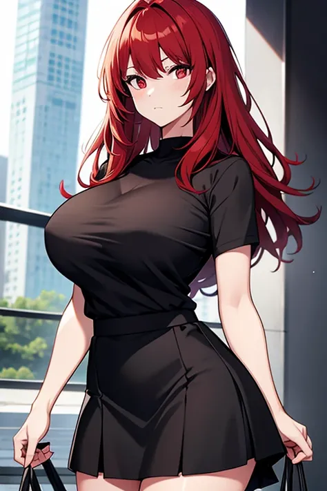 girl, giant breasts, Red hair, Red eyes, clear skin, black top shirt with neckline, short black skirt 