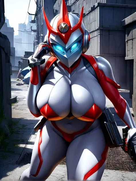 ((One girl/Ultraman Next/Giant/Helmet with mask)), Unreal Engine 5/Mortal Kombat, Anime Style, Maximum resolution/quality/Sharpness/More details,Huge breasts,Looking/encounter/Exhibitionism/Have a futuristic gun/Hate speech, In a rainy future city/Thunder.