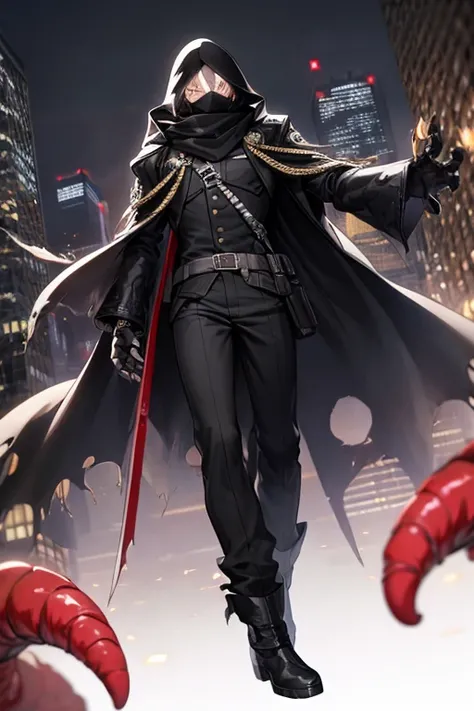 ((best quality)), ((masterpiece)), (detailed), 1 boy, full body, 23 years old, young adult, black scarf, bandage covering his mouth, eyes glowing white, 1 scratch on his right eye, pointy hood, black skin, disheveled hair, torn black coat covering everythi...