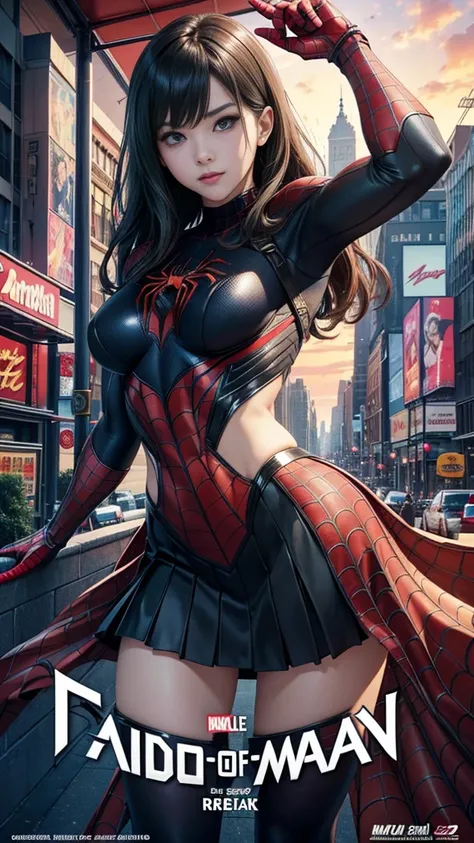 break・ライヴリー、マーベルコミックの映画Poster、so beautiful、Movies about Spider-Man、sexy、whole body、Wearing a skirt、Premiere Date、Poster、belly buttonを突き出す、new york、She&#39;s wearing a ripped Spiderman suit、The suit is torn、Wearing a skirt、Red and black color scheme、dynamic...