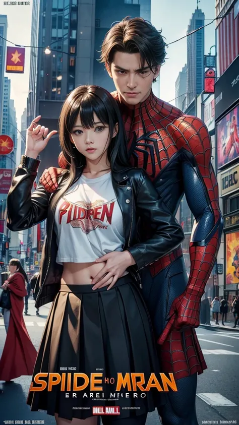 break・ライヴリー、マーベルコミックの映画Poster、so beautiful、Movies about Spider-Man、sexy、whole body、Wearing a skirt、Premiere Date、Poster、belly buttonを突き出す、new york、She&#39;s wearing a ripped Spiderman suit、The suit is torn、Wearing a skirt、Red and black color scheme、dynamic...