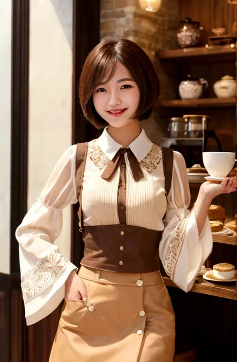 1woman, idol, bob cut, short hair, brown hair, cafe, 20s, flared sleeve blouse, flared skirt, smile, pancakes,