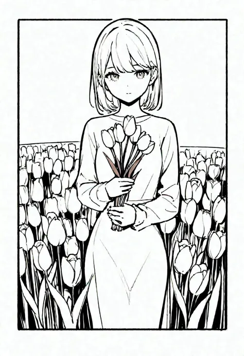 Masterpiece artwork, best qualityer, defined black lines, coloring page, 1 girl, standing alone, water,  hugging tulips, simple background, White background, monochrome, arte linear, ((outline))