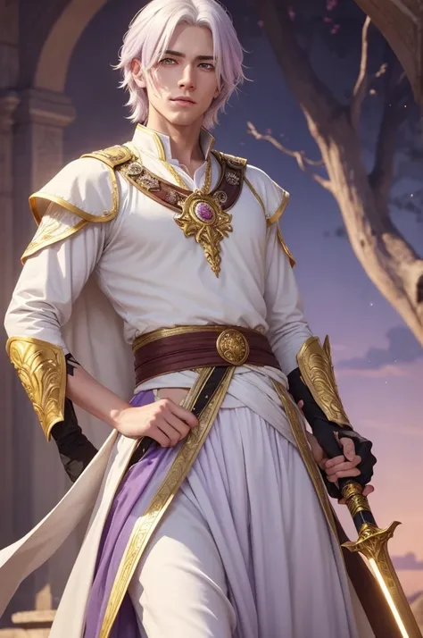 Handsome young male character with golden eyes and white hair with lilac, wearing peasant clothes and golden sword on his waist.