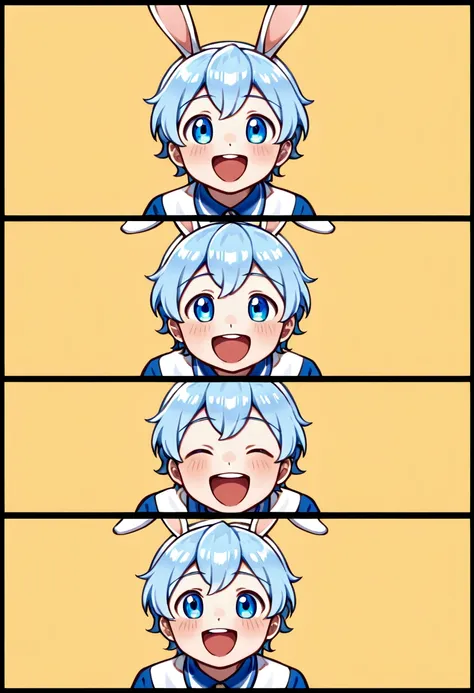 cute young boy, rabbit ears,rabbit boy, luca,blue hair, blue eyes, cute face, very smail, laughing, utsubuse. photogenic, in the...