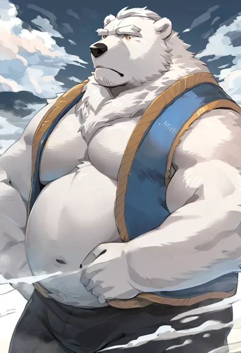 polar bear，personification，Mature male，Strong Man，White hair，naked，Cold expression，Golden pupils，Light blue vest，Black pants，The Age of Steam。