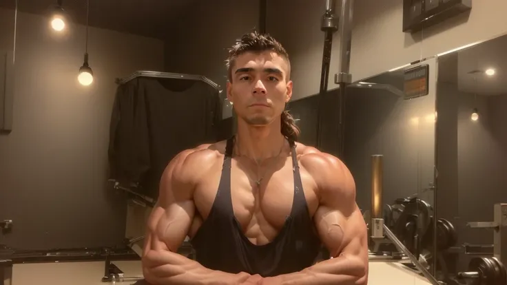 , upper body only, lean but muscular, full upper body, upper body shot, , arms crossed on chest, lean and muscular, exaggerated physique, centered shoulders up view, he is about 30 years old, he is about 3 0 years old