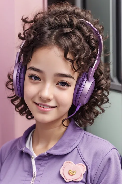 Anime girl short curly hair, a happy expression and long eyelashes and sleepy eyes, a purple lock and a  uniform, rosy cheeks and well-shaped, rosy lips, wear headphones 