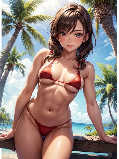 ,(best quality, ultra-detailed, realistic:1.37, masterpiece:1.2), woman, beautiful detailed eyes, beautiful detailed lips, brown hair tied up, smile,red micro bikini, slim figure, caustics, textile shading, toned body, clean abs, palm trees swaying, 