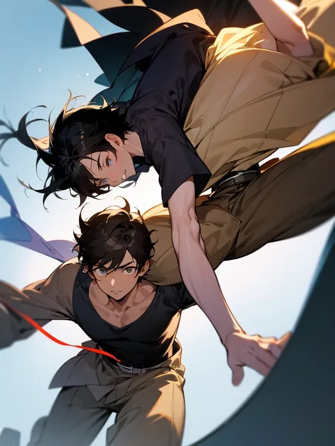 two boys, one with black hair and the other light brown, one low and the other high, both in 