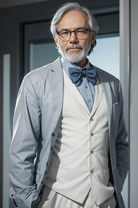 dr. sapiens galileo is an approximately 45-year-old scientist with short, wavy gray hair, deep blue eyes, and a light gray beard...