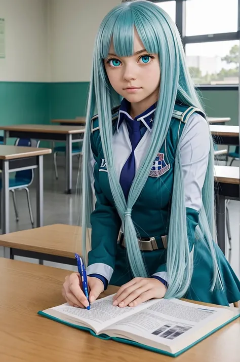 Background capture of my hero academia girl with long light blue hair green eyes crystals with bangs is wearing the UA uniform with a serious expression and has a school class at the UA sitting at a table is from anime

