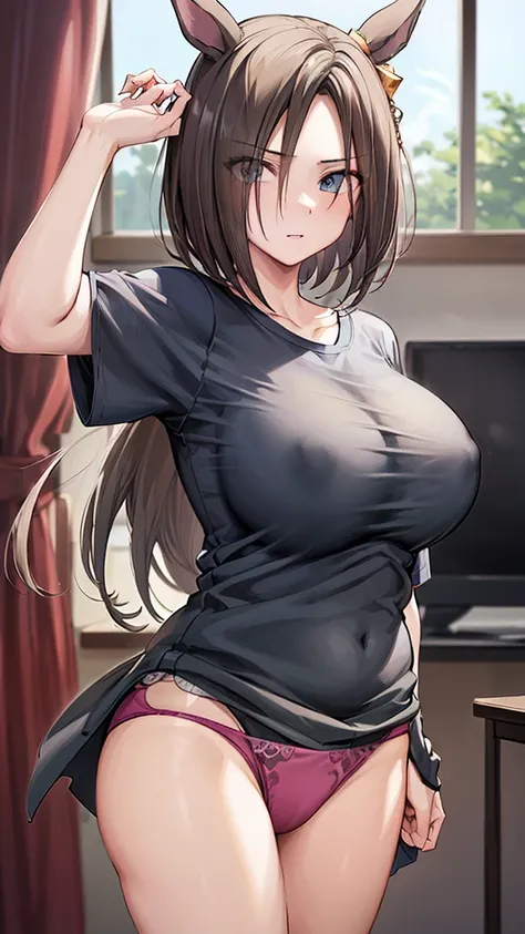 (((masterpiece))),(((High resolution)))、(((perfect face)))、(((Air Groove))), (((oversized T-shirts, panty))), ((top quality eyes)), ((high resolution face)), detailed face, (detailed texture), (plump), (big tits), NSFW
