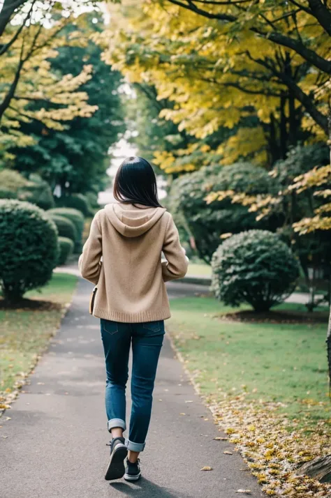 Young Asian woman walking with her back turned