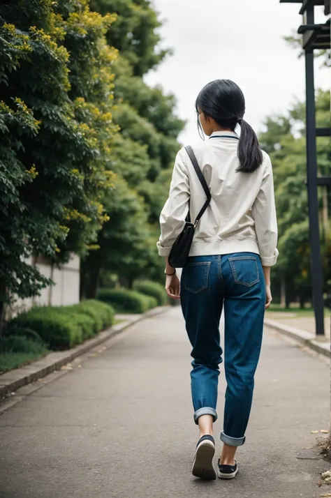 Young Asian woman walking with her back turned