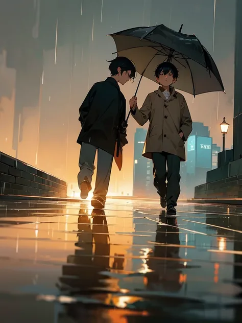 two boys, one with black hair and the other light brown, one low and the other high, the two in  walking in the rain