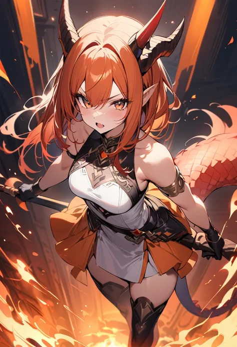 (masterpiece:1.2), (highest quality:1.2), 1girl, fire, solo, holding, tail, weapon, horns, polearm, holding-weapon, dragon-tail, dragon-girl, orange-hair, gloves, dress, holding-polearm, dragon-horns, white-dress, spear, looking-at-viewer, black-gloves, st...