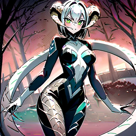 Cobra-Girl, high, A slim body, small figure, ((((white scales)))), covered with scales , horns, fangs, claws, green eyes, upturned nose, хитрая, mature, White hair, in a dress, Beautiful woman, ancient goddess of death, The Goddess of Snakes, evil queen , ...