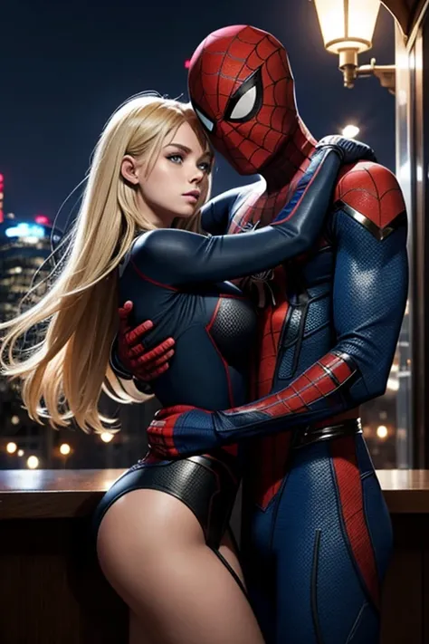 A 19 year old girl, A 19 year old boy, one un was, the girl is blonde, has blue eyes, The girl is dressed as Spider-Man, The boy is dressed as Spider-Man,  the boy hugs her waist, the girl has big breasts, Big bust, thick thighs, is thin, good waist, They ...