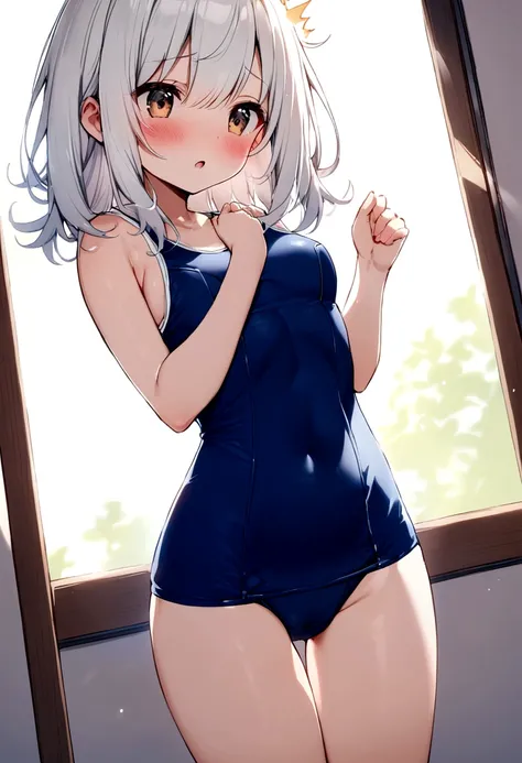 Short white hair, blush, Headbang 2.、cute、Beautiful woman、School Swimsuit、