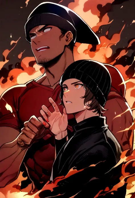 A boy (happy and muscular man with short black hair without a hat and in a red shirt) and at his side another boy (medium long brown hair has a black beanie hat, he has black clothes) and they are both in a background of fire, they are both screaming