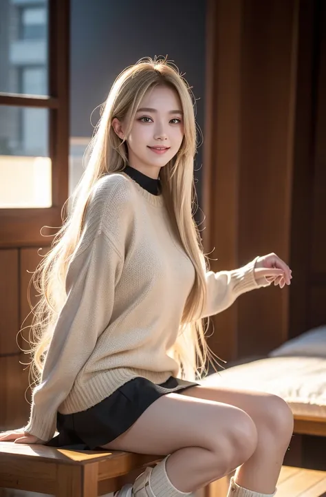 A girl,18-year-old girl,promote,whole body,slim body,Long blond hair,Grin,Casual fashion,Knitted top,Tight mini skirt,Black boots,(best quality,4K,8K,high resolution,masterpiece:1.2),Extremely detailed, (Practical,photoPractical,photo-Practical:1.37),Human...