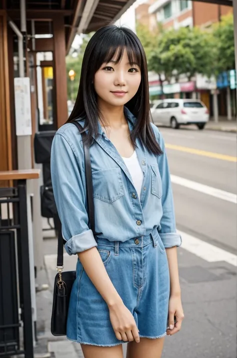 A cute Asian woman stands to the side and looks at the camera.