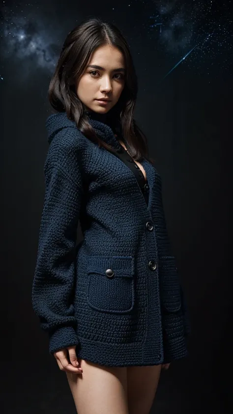 
Imagine a meticulously crocheted coat or sweatshirt, where each point is a work of art in itself. The piece displays a vibrant and intricate pattern, combining deep shades of blue and black. The blue is reminiscent of the starry night sky, with nuances th...