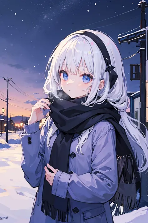 winter　night　dark　woman　Scarf　Light　Town　face down　turn around　wave hands　snow