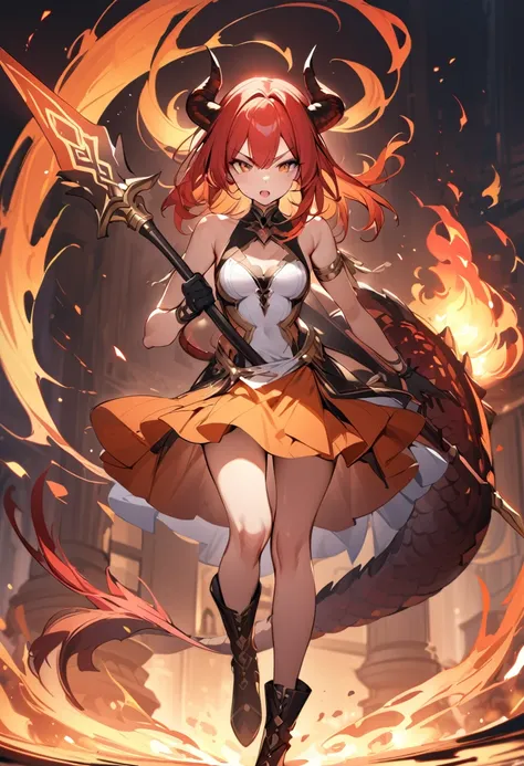 (masterpiece:1.2), (highest quality:1.2), 1girl, fire, solo, holding, tail, weapon, horns, polearm, holding-weapon, dragon-tail, dragon-girl, orange-hair, gloves, dress, holding-polearm, dragon-horns, white-dress, spear, looking-at-viewer, black-gloves, st...