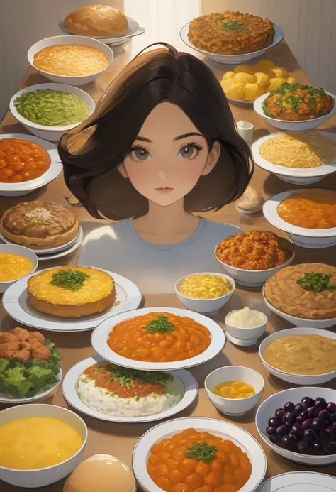 She organizes the food the only dish on the table, meticulously