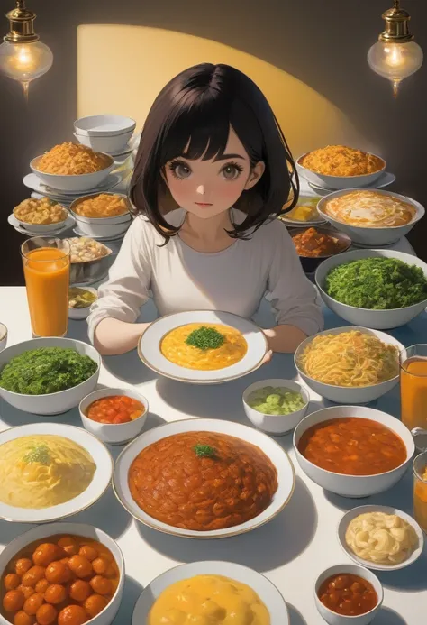 She organizes the food the only dish on the table, meticulously