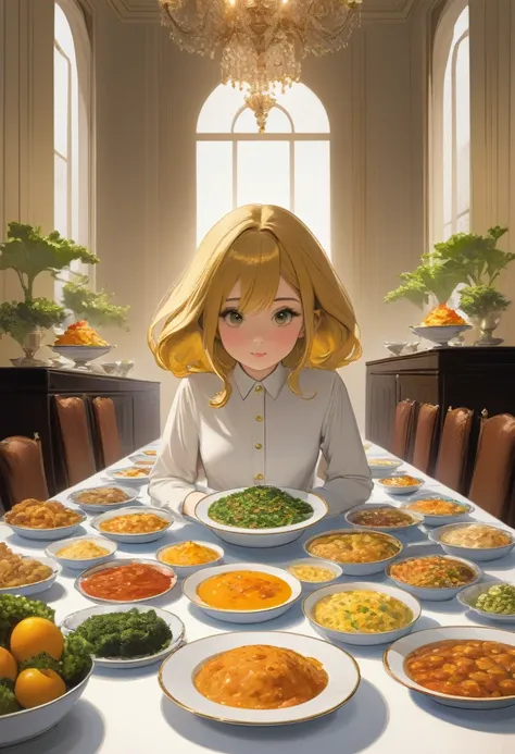 She organizes the food the only dish on the table, meticulously