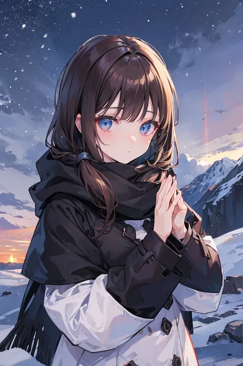 winter　night　dark　woman　Scarf　Light　Town　face down　turn around　wave hands　snow　Bob hairstyle　coat　Brown Hair