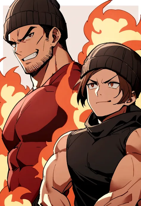 in an image, two boys appear: (A boy (muscular man with short black hair without a hat and with a red shirt) and at his side another boy (medium long brown hair has a black beanie hat, he has black clothes) and they are both in a background of fire, both o...