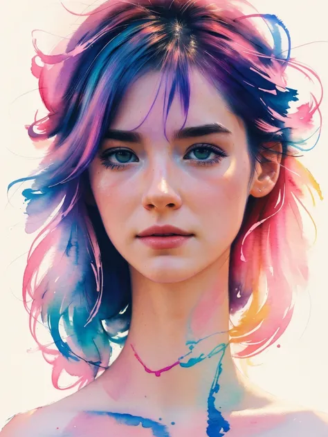 (8k, best quality, masterpiece:1.2),(best quality:1.0), (ultra highres:1.0), watercolor, a beautiful woman, shoulder, hair ribbons, by agnes cecile, half body portrait, extremely luminous bright design, pastel colors, (ink:1.3), autumn lights,