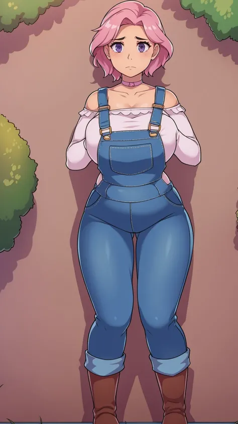 Nsfw, Flashing tits, Exposed breasts, small pink nipples, nervous(Pale skin:1.1)sad, farm backround, Full body, looking at viewer, 1girl, solo, short pink hair, (dark blue choker), (dark blue denim overalls), (purple eyes), (pink boots), (white shoulder la...