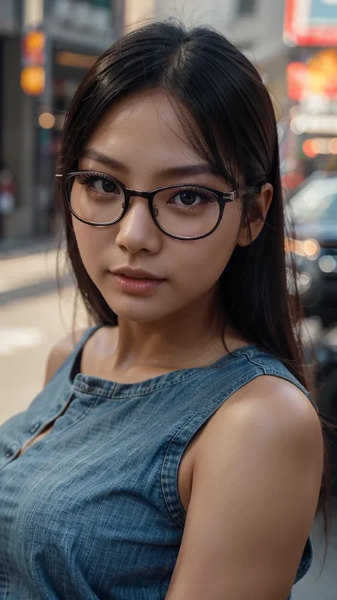 a cute tan Chinese girl wearing glasses, jeans, beautiful detailed eyes, beautiful detailed lips, extremely detailed face, long eyelashes, photorealistic, 8k, ultra-detailed, physically-based rendering, vivid colors, professional photography