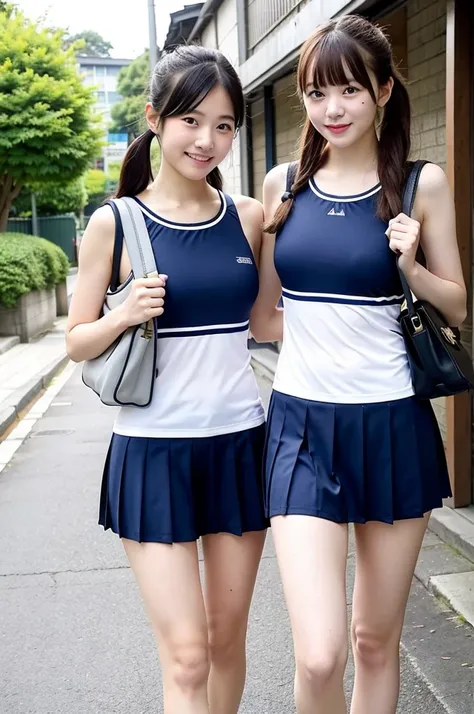 2 girls walking in sunny Japanese street,navy blue school swimsuit with white trim,student bag,18-year-old,bangs,a little smile,thighs,knees,short hair with low pigtails bunches,from before,front light