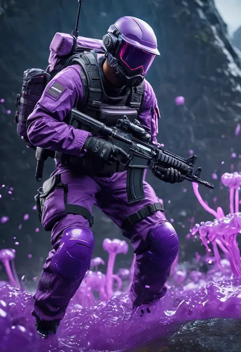 newbee military unit, armed with AK-47, with combat uniform, fighting a giant slime, purple slime, 3D image, ultra realistic, unreal engine 5, playstation 5 graphics, extremely specific, 8k resolution, best quality, ultra-detailed, (photorealistic), extrem...