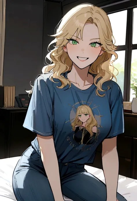 (work of art, best qualityer),1womanl, german, age 45, green eyes detailed wavy hair blonde , heartthrob style, role model, Grinning,  wearing a Navy Merchant VanSalzfestung Ltda t-shirt, pants , and tennis , denim jacket sitting on a table in a room in a ...