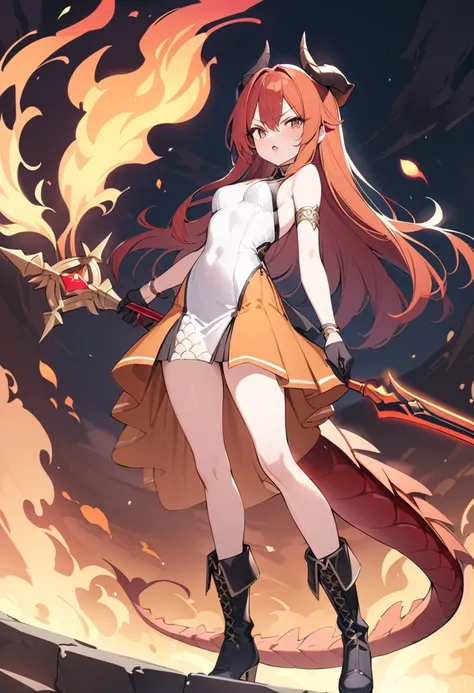 (masterpiece:1.2), (highest quality:1.2), 1girl, fire, solo, tail, horns, dragon-tail, dragon-girl, orange-hair, gloves, dress, holding-polearm, dragon-horns, white-dress, looking-at-viewer, black-gloves, standing, bare-shoulders, full-body, red-hair, bang...