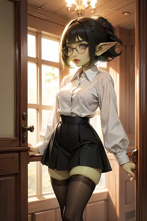 ((best quality)), ((masterpiece)), (detailed), perfect face, 3 foot tall girl wearing white button down shirt and black skirt, green skin, pointy ears, wearing black thigh high stockings, and black pumps, very shy, tiny breasts, wearing black rimmed glasse...